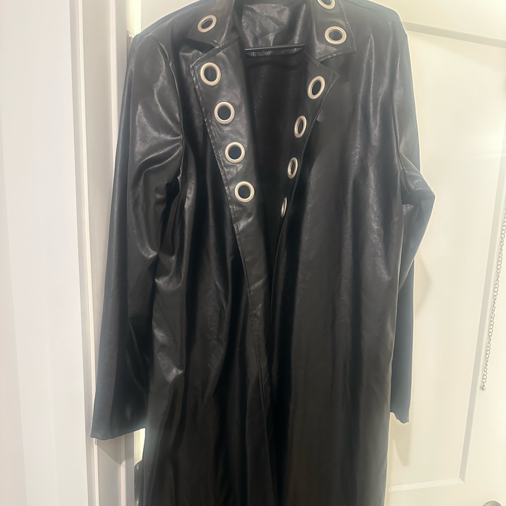 Black Grommet-Detail Women's Faux Leather Long Jacket